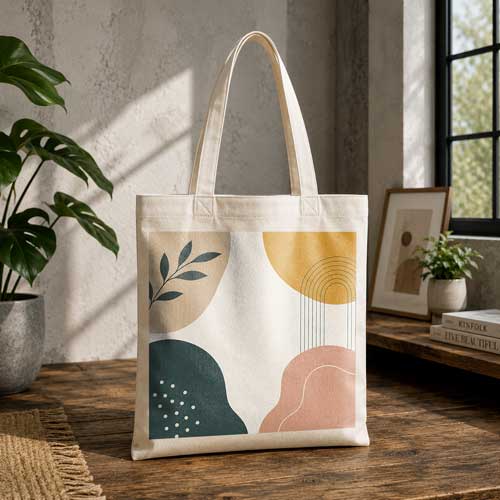 Canvas tote bag mockup PSD on rustic table