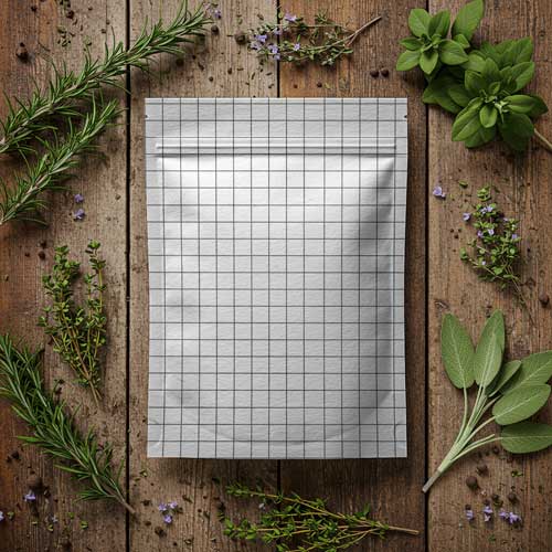Stand up food pouch packaging mockup with herbs PSD