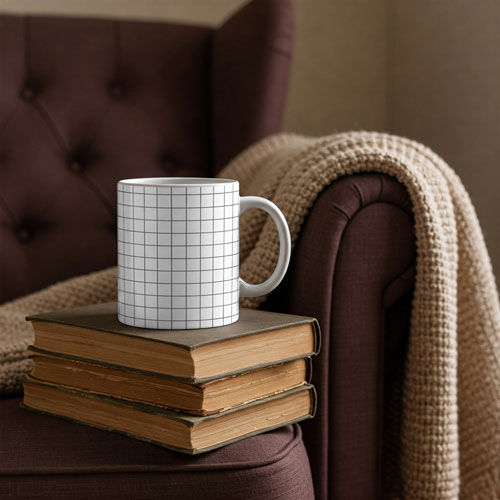 Ceramic coffee mug mockup with vintage books PSD