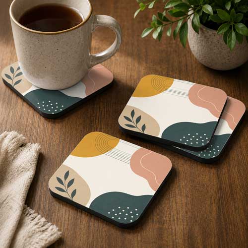 Drink coasters tabletop mockup with greenery PSD